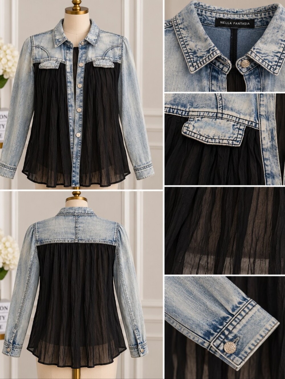 Nella Fantasia Light Wash Denim Jacket with Black Chiffon Panels